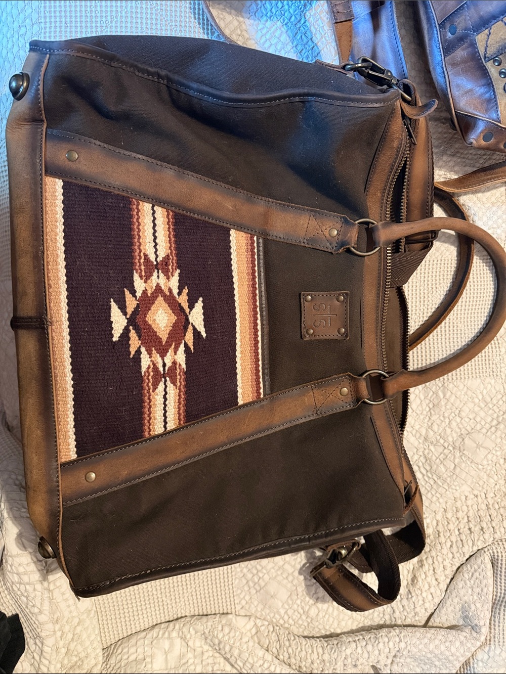 STS Ranchwear Dark Brown Canvas & Leather Duffel with Southwestern Accent